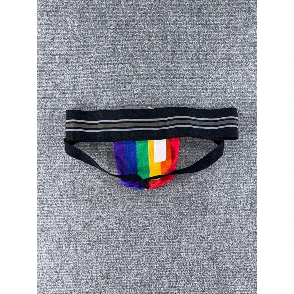 Addicted Mens Rainbow Pride Jockstrap Black Waistband Varsity A Logo Multi Color